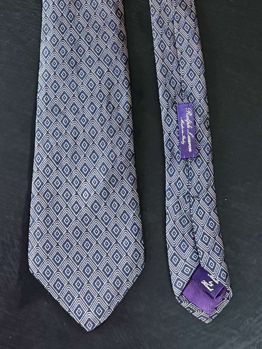 Ralph Lauren Purple Label Blue and Silver Gray Diamond-Pattern Silk Tie